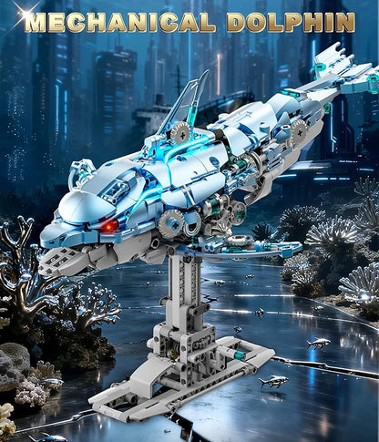 Moving Mechanical Dolphin Building Set - Hand Crank Model Kit with Swimming Tail Movable Jaw &amp Glowing Lights | STEM Educational Toy &amp Unique Desk Decor for Ages 8+ Adults Blue