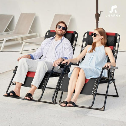 JEAREY Oversized Padded Zero Gravity Chair - Comfortable Folding Lounge Chair with Headrest & Cup Holder | Black/Red