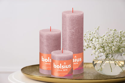 BOLSIUS 4 Pack Ash Rose Rustic Pillar Candles - 2.75 X 5 Inches - Premium European Quality - Includes Natural Plant-Based Wax - Unscented Dripless Smokeless 60 Hour Party Décor and Wedding Candles