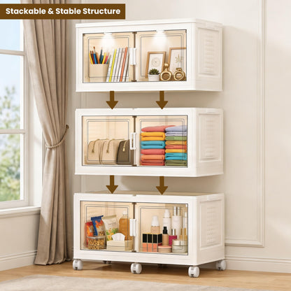 FINCHESCLUB 568QT/141GAL 3 Tier Stackable Storage Bins, Foldable Cabinets with Wheels, Doors and Motion Sensor Lights, Collapsible Closet Storage Organizer, 3 Pack Cubes, White