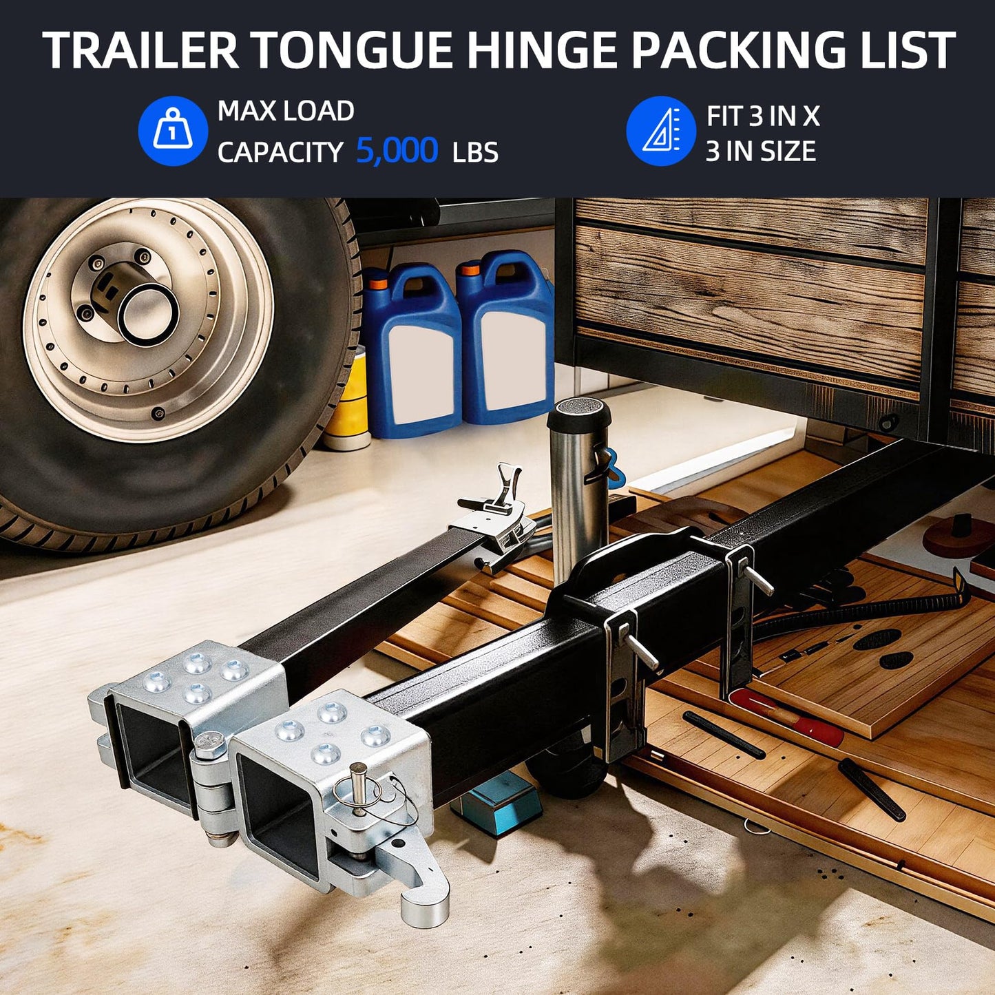 Folding Trailer Tongue Kit, 3 x 3 Inch Bolt-On Heavy Duty Tongue Hinge, 5,000 LBS Load Capacity, Trailer Tongue Hinge for RV, Utility, Boat & Cargo Trailers, Save Storage Space