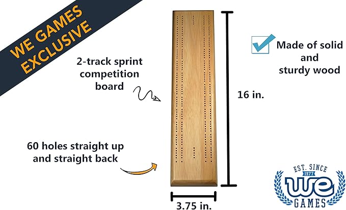 WE Games Competition Cribbage Set - Solid Wood Sprint 2 Track Board with Metal Pegs