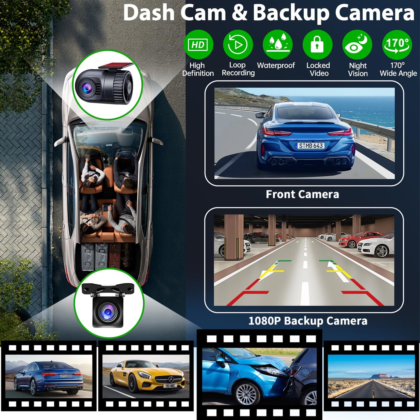 SJoyBring [QLED Screen Upgrade] 7" Double Din Car Stereo with Dash Cam, Wireless Apple CarPlay and Android Auto, Bluetooth, 240W 4.2-Channel Audio Output, MirrorLink, Backup Camera, AM/FM Car Radio