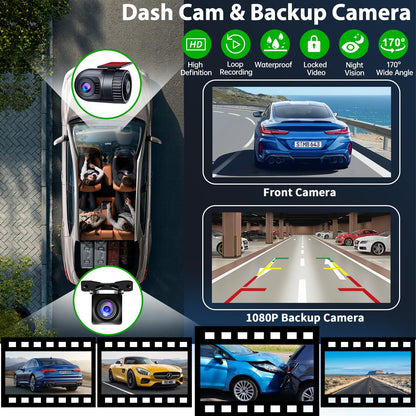 SJoyBring [QLED Screen Upgrade] 7" Double Din Car Stereo with Dash Cam, Wireless Apple CarPlay and Android Auto, Bluetooth, 240W 4.2-Channel Audio Output, MirrorLink, Backup Camera, AM/FM Car Radio