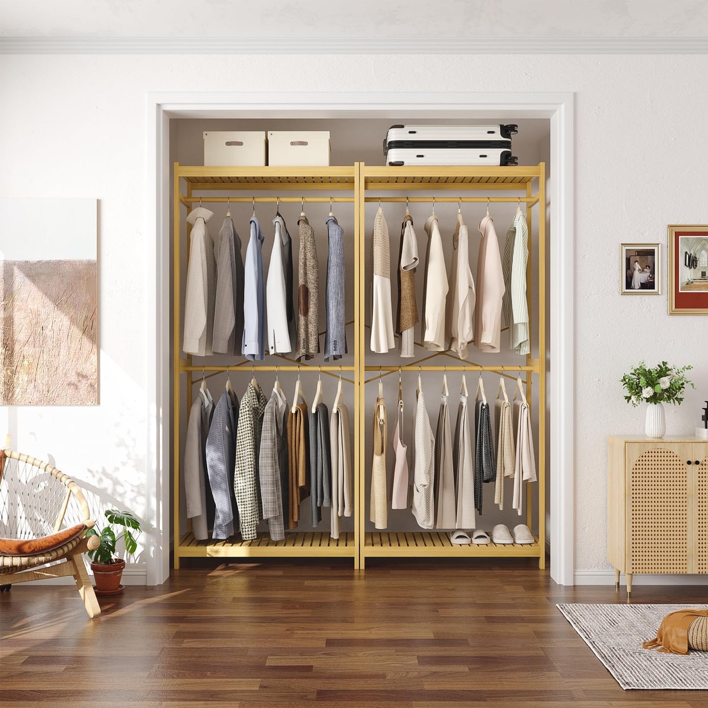 Homykic Bamboo Clothes Rack with Shelves and Double Hang Rods, Portable Closet System Garment Rack for Hanging Clothes, Tall Clothing Rack Corner Closet Organizer, Easy to Built, Natural