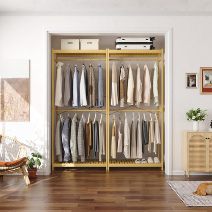 Homykic Bamboo Clothes Rack with Shelves and Double Hang Rods, Portable Closet System Garment Rack for Hanging Clothes, Tall Clothing Rack Corner Closet Organizer, Easy to Built, Natural