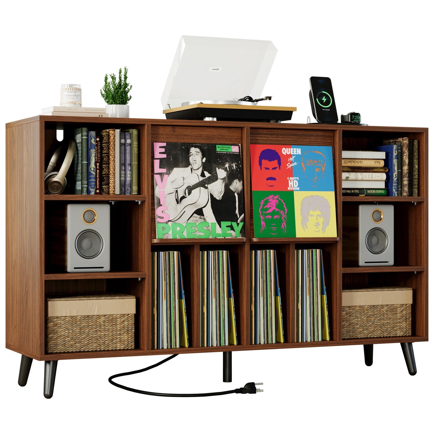 IRONCK Large Record Player Stand 55", Holds 600+ Vinyl Record Storage Cabinet with Charging Station, Mid Century Modern Turntable Stand for Living Room, Bedroom, Brown
