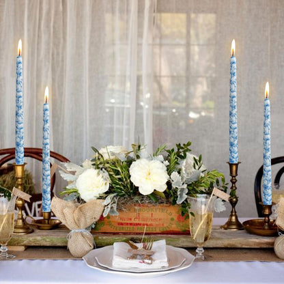 Floral Taper Candles 10inch Long Dripless Chinoiserie Candlesticks Blue and White Handmade Unscented Candle Sticks for Emergency Wedding Home Décor Festive Seasons Holiday 4pcs