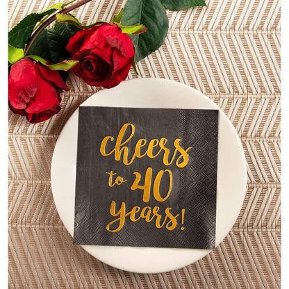 BLUE PANDA 40th Birthday Napkins - 5 x 5 In, 50-Pack, 3-Ply, Black & Gold Foil - Cheers to 40 Years & Cocktail Napkins for Birthday Party Decor