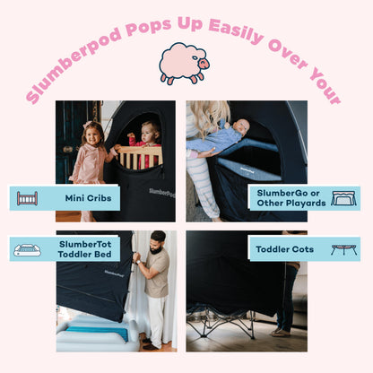 SlumberPod The Original Blackout Sleep Tent Travel Essential for Babies and Toddlers, Mini Crib and Pack N Play Cover, Sleep Pod for Kids with Monitor Pouch and Fan Pouch, Blocks 99% Light, Black