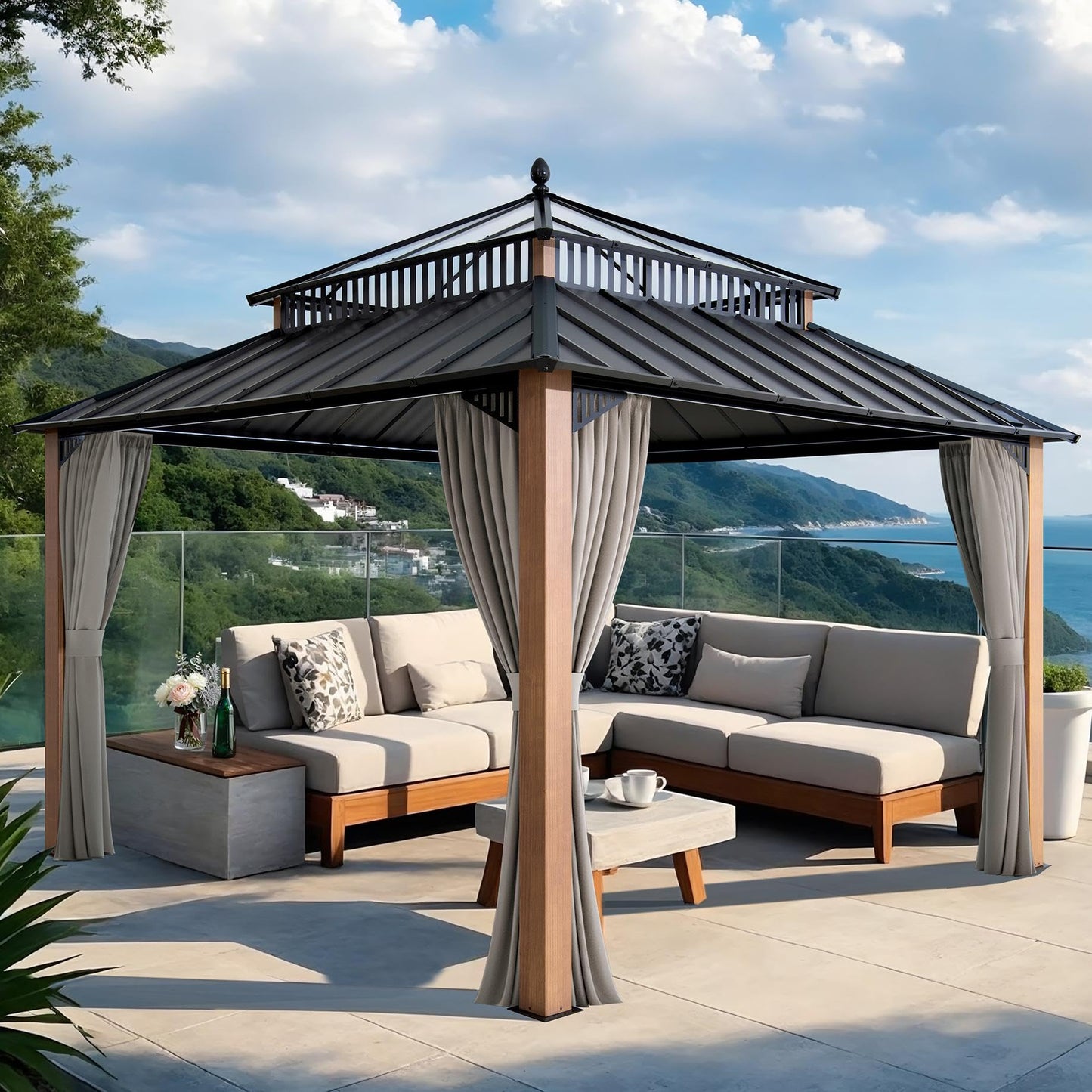 SUNJOY Kingston 12' x 12' Hardtop Gazebo with Galvanized Steel/Polycarbonate Double Roof, Curtain and Netting, Woodgrain Finish Aluminum Posts Permanent Pavilion Gazebo for Garden, Patio, Deck, Lawn