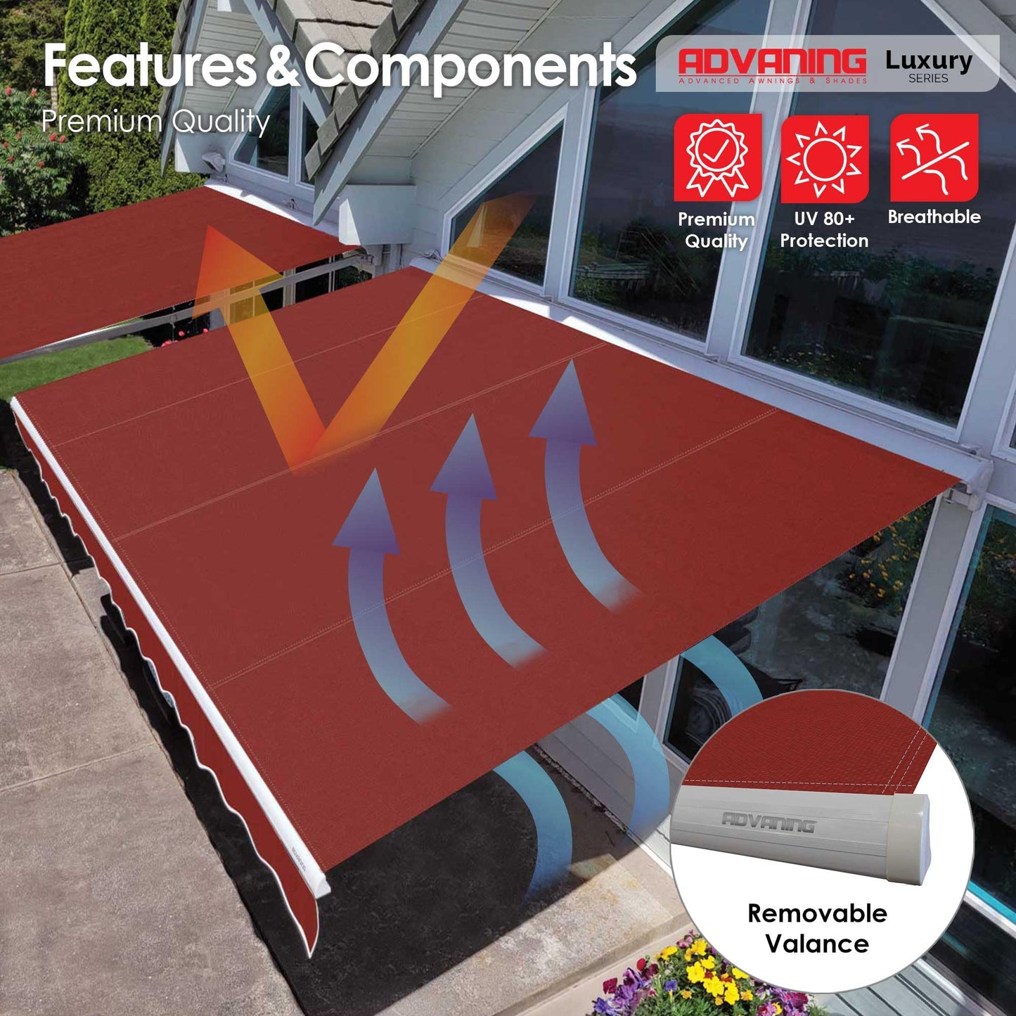 ADVANING Luxury Series, 14'x10' Electric Retractable Awning, Premium Quality Fully Assembled UV+ Sun Shade Canopy, Terracotta, EA1410-A104H2