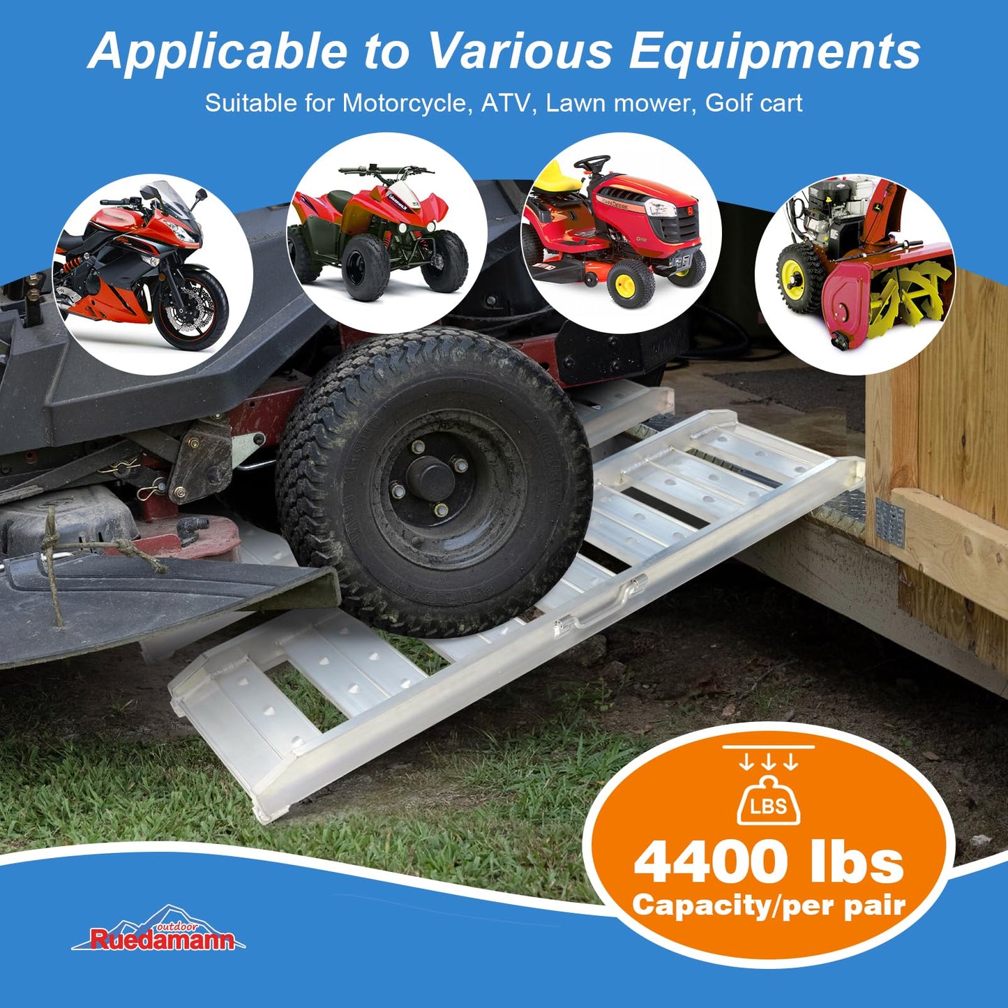 Ruedamann 4Ft Truck Ramps, 2 Pcs 4400 Lbs Total Capacity, Aluminum Trailer Ramp, Heavy-Duty ATV Ramps for Pickup Trucks, UTVs, Motorcycles, Lawn Mowers, Golf Carts