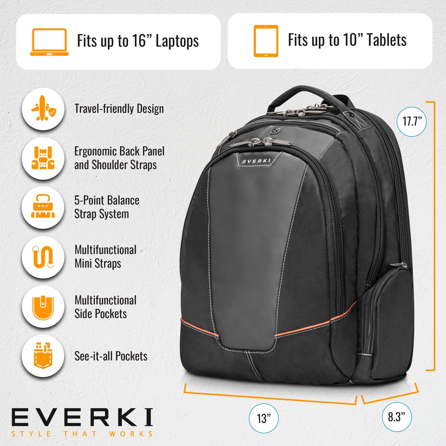EVERKI Flight Business Laptop Backpack (EKP119) with Orange Accessory Pouch & Rain Cover - Men's Backpack with 16" Compartment, 28.5L Capacity - Flight Business Backpack, Pouch & Cover Bundle