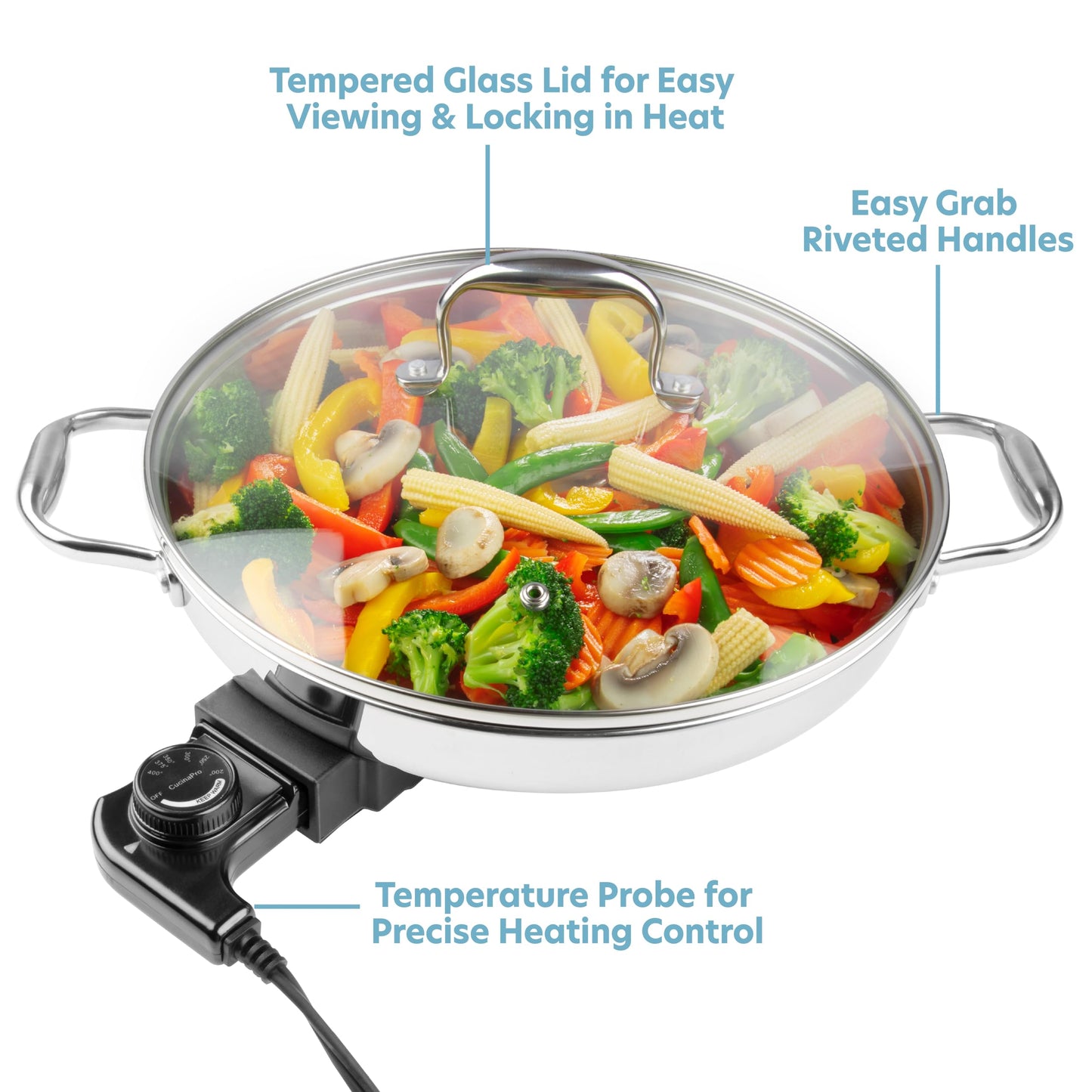 XL Electric 16" Skillet By CucinaPro- 18/10 Stainless Steel Frying Pan with Tempered Glass Lid and Handle, Round with Adjustable Temperature Control Probe, Portable, Includes Recipe Guide, Great Gift