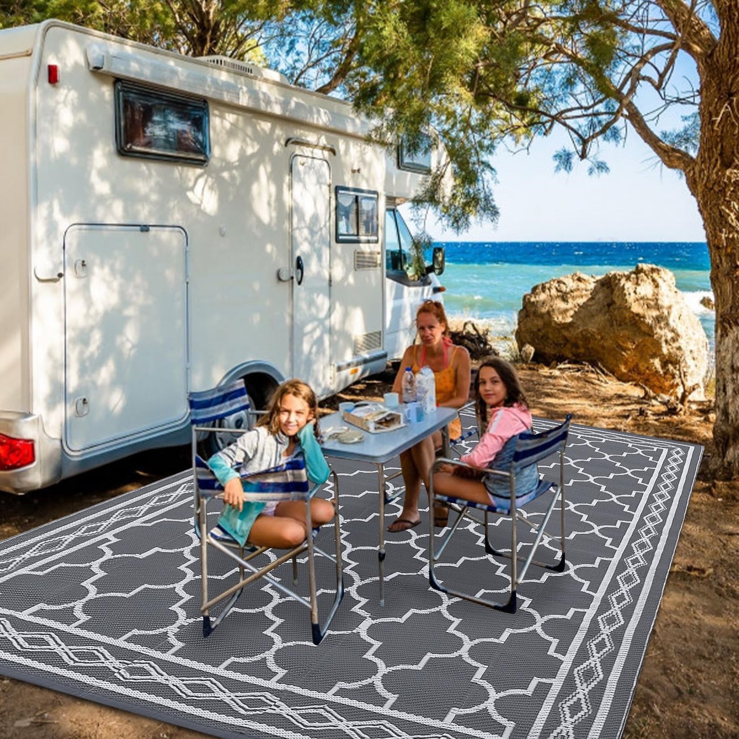 GlowSol Reversible Outdoor Rug 9x12 ft Clearance, Waterproof Outdoor Plastic Straw Rug with Carry Bag, Modern Geometric Patio Rug,RV Mat for Porch,Deck,Backyard,Camping,Balcony,Deck,Backyard,Grey