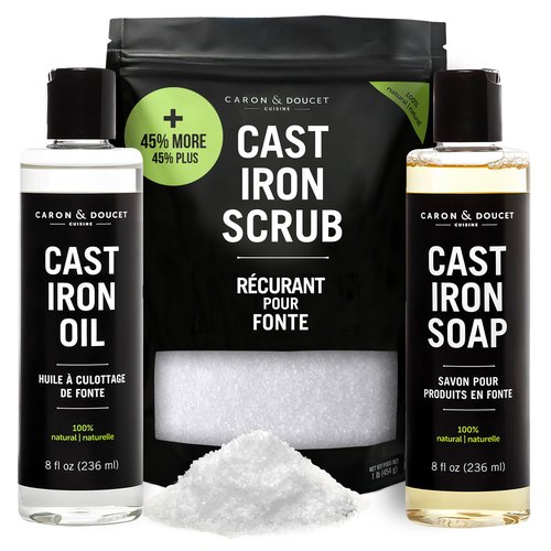 CARON & DOUCET – New Ultimate Cast Iron Set: Seasoning Oil, Cleaning Soap & Restoring Scrub | 100% Plant-Based & Best for Cleaning Care, Washing, Restoring & Seasoning Skillets, Pans & Grills!