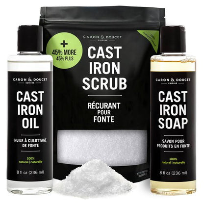 CARON & DOUCET – New Ultimate Cast Iron Set: Seasoning Oil, Cleaning Soap & Restoring Scrub | 100% Plant-Based & Best for Cleaning Care, Washing, Restoring & Seasoning Skillets, Pans & Grills!