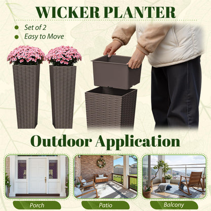 JUMMICO Set of 2 Resin Rattan Tall Planters for Outdoor Plants, Large Tapered Planters with Drainage Holes&Inner Trays, Flower Pots for Garden, Patio, Porch, Backyard (Brown, 24'')
