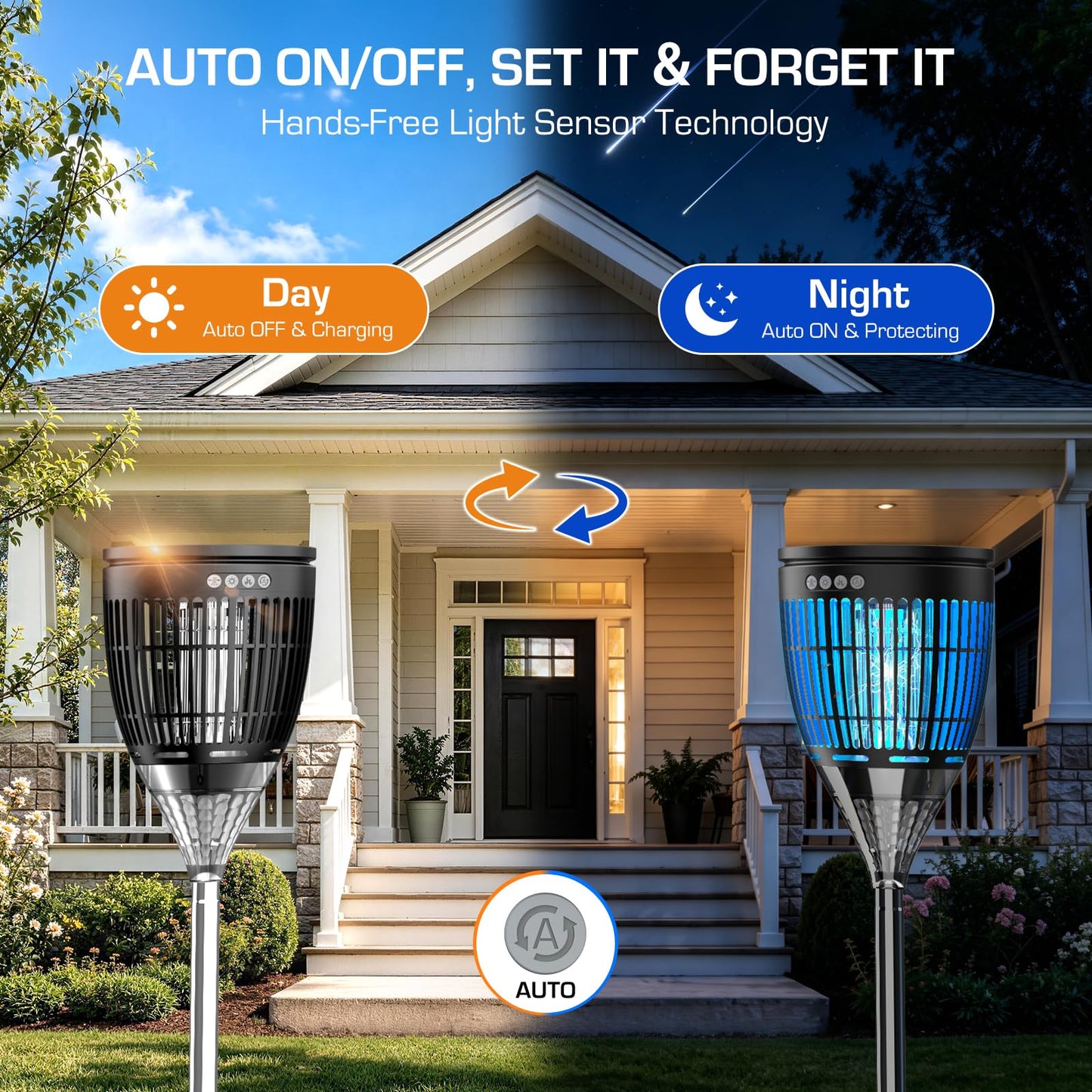 Solar Bug Zapper Outdoor, Mosquito Zapper with Flame & Projector Light Cordless Waterproof, Auto On/Off, Mosquito Trap Solar Powered, 4200V Electric Fly Zapper Killer for Patio Yard Camping Garden