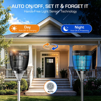 Solar Bug Zapper Outdoor, Mosquito Zapper with Flame & Projector Light Cordless Waterproof, Auto On/Off, Mosquito Trap Solar Powered, 4200V Electric Fly Zapper Killer for Patio Yard Camping Garden
