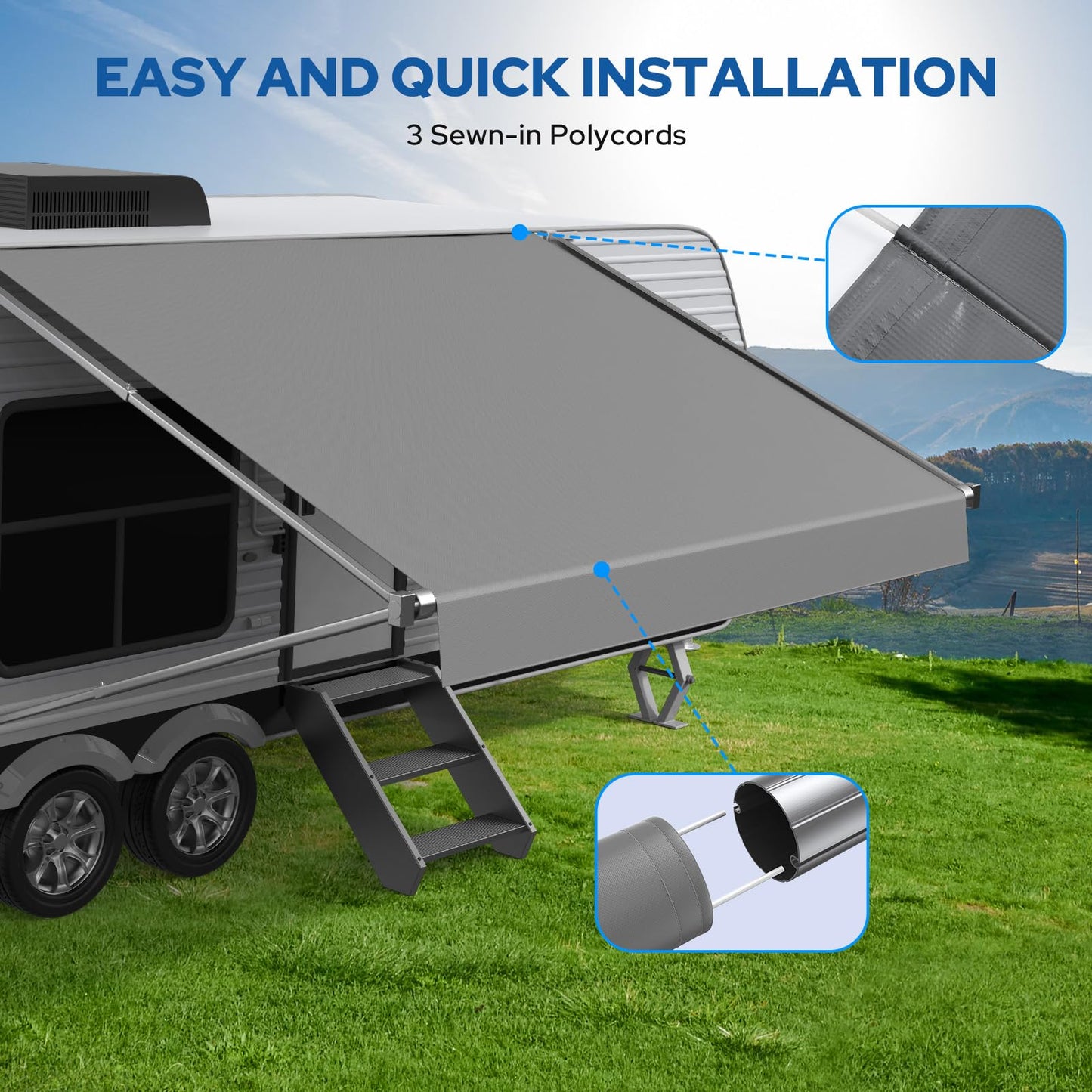 RV Awning Fabric Replacement, Upgraded 19oz Heavy Duty Material, Outdoor Vinyl Canopy for Trailer and Motorhome Awning- 19'(Fabric 18.5'2"), Gray