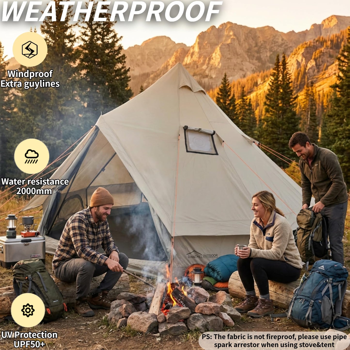 DANCHEL OUTDOOR B2A Portable Bell Tent Yurt No Center Pole with 4 Season Waterproof Rain Fly 4 Person Camping Glamping