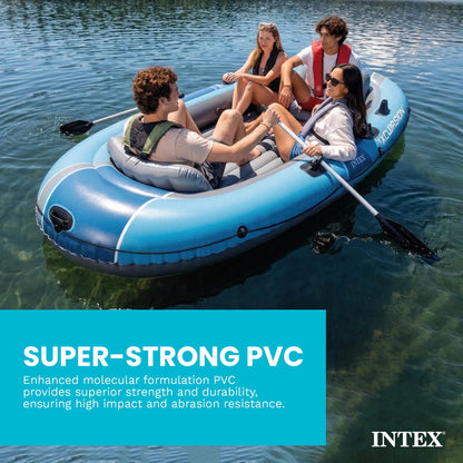 INTEX 66324EP Excursion 4 Inflatable Boat Set: Includes Deluxe 54in Aluminum Oars and High-Output Pump – Adjustable Seats with Backrest – Fishing Rod Holders – 4-Person – 1100lb Weight Capacity
