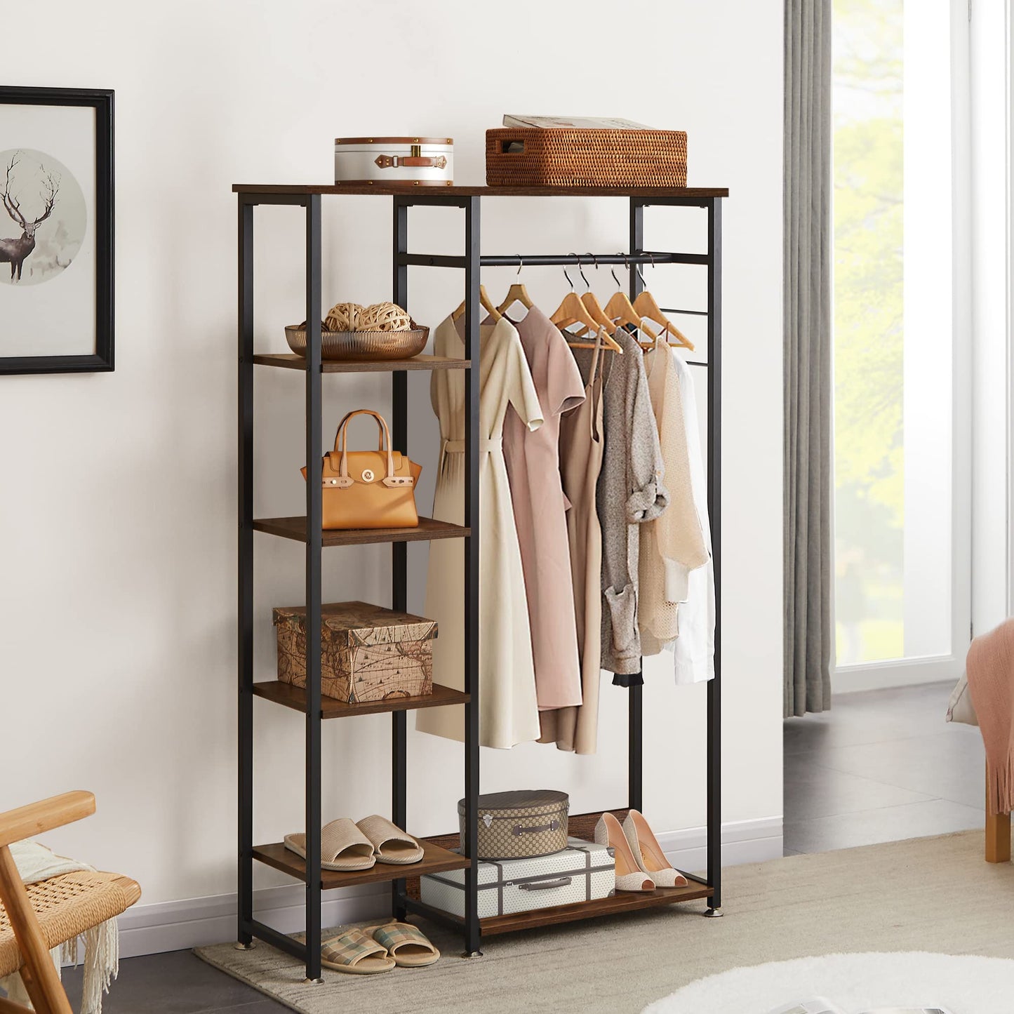 VECELO Open Garment Clothing Rack, Free-Standing Heavy Duty Storage Closet with 5 Shelves and Hanging Rod for Small Spaces, Max Load 350LBS, Brown
