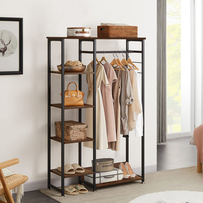 VECELO Open Garment Clothing Rack, Free-Standing Heavy Duty Storage Closet with 5 Shelves and Hanging Rod for Small Spaces, Max Load 350LBS, Brown