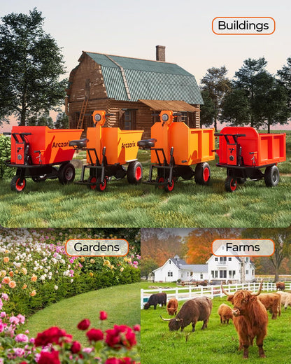 [All-Terrain Tires] Arczorix Wheelbarrow Utility Cart 48V 20Ah Sealed Lead Acid Battery 1500W Capacity 2205Lbs with Manual Dumper & All-Terrain Wheels, Material Hauler