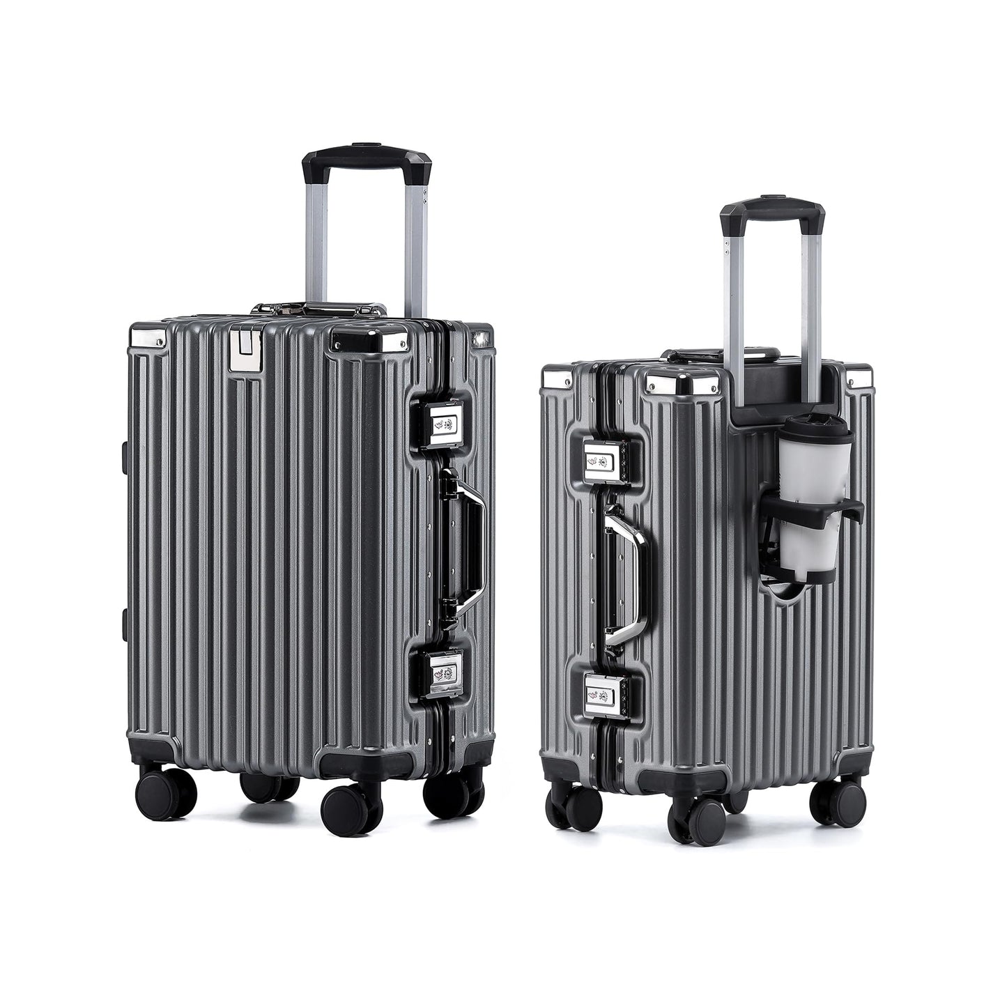 HotWay 20 Inch Aluminum Frame Carry On Luggage with Spinner Wheels, PC Hard Shell Suitcase with Cup Holder, Zipperless Luggage for Business Travel, Gray