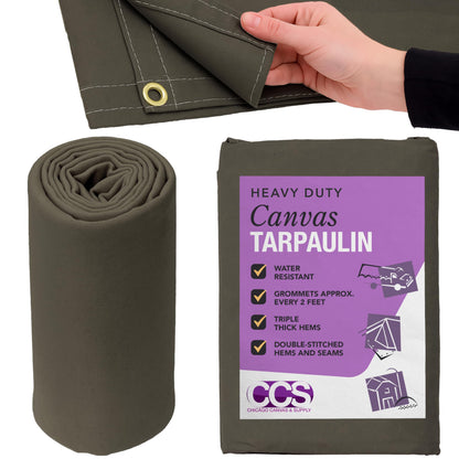 CCS Waterproof Canvas Tarp Cover (21oz) – Heavy Duty Duck Cloth, Waxed Canvas Tarpaulin with Rustproof Brass Grommets for Camping, Construction, Equipment & Outdoor Use (Olive Drab, 12x20 Ft)