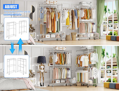 Simple Trending Heavy Duty Clothes Rack Clothing Rack with Wheels and 4 Hanging Rods, Adjustable Rolling Garment Racks, Load 560 LBS, Chrome
