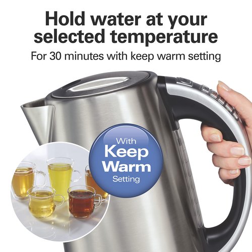 Hamilton Beach 1.7 Liter Temperature Control Electric Kettle, Water Boiler & Heater, Fast Boiling 1500 Watts, BPA Free, Cordless, Auto-Shutoff and Boil-Dry Protection, Stainless Steel (41020R)