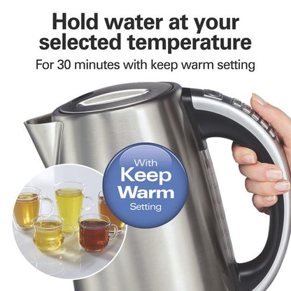 Hamilton Beach 1.7 Liter Temperature Control Electric Kettle, Water Boiler & Heater, Fast Boiling 1500 Watts, BPA Free, Cordless, Auto-Shutoff and Boil-Dry Protection, Stainless Steel (41020R)