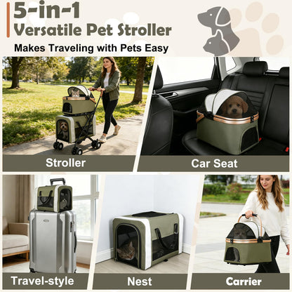 Double Pet Stroller for Dogs and Cats: Dog Stroller Foldable Travel Carriage with Detachable Carriers, Safety Belts, and 4 Lockable Wheels for Small to Medium Pets – Ideal for Multi-Pet Homes (Green)