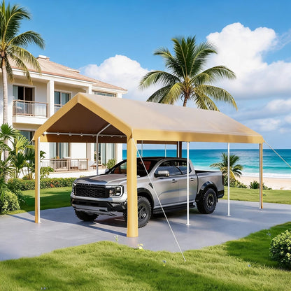 10X20Ft Heavy Duty Carport, Portable Heavy Duty Garage Shelter with Powder Coated Steel Frame, Waterproof UV-Resistant Triple-Layer Tarp, Garage Tent for Cars, Trucks and Boats, Yellow