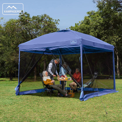 KAMPKEEPER 10x10 Pop-Up Canopy Tent, Waterproof Portable Shade with Screen Walls, Adjustable Instant Outdoor Shelter for Camping, Backyard, and Events, Navy Blue