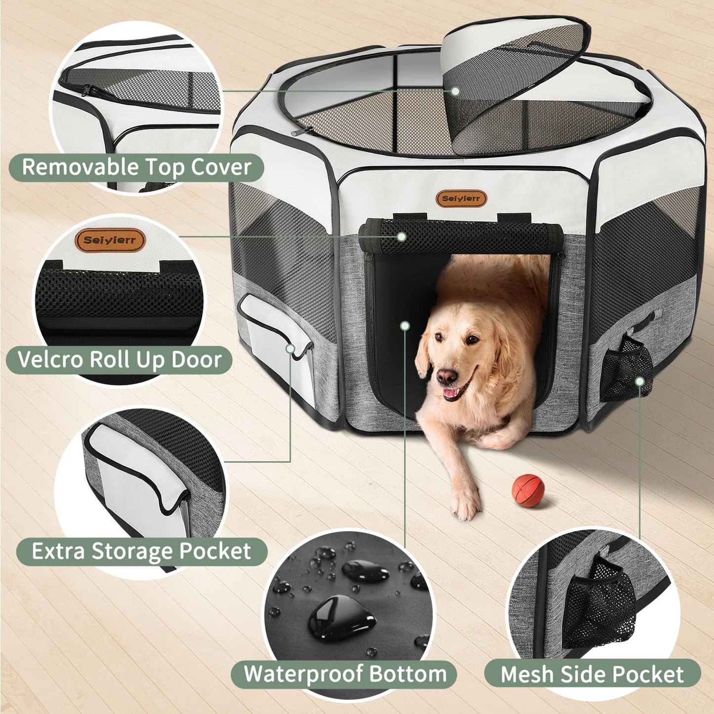 Seiyierr Dog Playpen, Portable Pet Play Pen Foldable Carrying Case, Puppy Pens Outsid for Small Cat Indoor/Outdoor, Removable Mesh Shade Cover