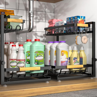 Sevenblue Under Sink Organizer - Height Adjustable 2-Tier Storage Shelf for Kitchen & Bathroom (Black, Large)