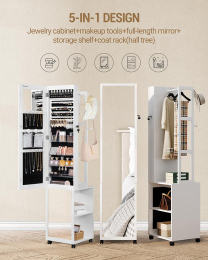 Hzuaneri 8 LEDs Jewelry Cabinet Armoire, 66.9-inch Jewelry Organizer with Garment Rack, Lockable Full-length Mirror with 4 Wheels, Storage Shelves with Hooks, 5-in-1, White and Beige JC17003B
