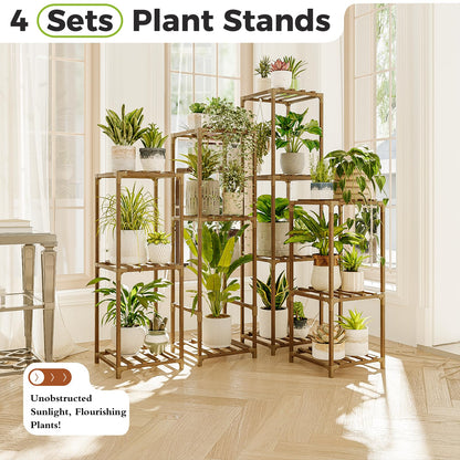 Bamworld Tall Plant Stands Indoor 4 Sets Plant Shelves Outdoor Wooden Plant Holder for Multiple Plants Flower Stands for Living Room Balcony Garden Patio Lawn Window