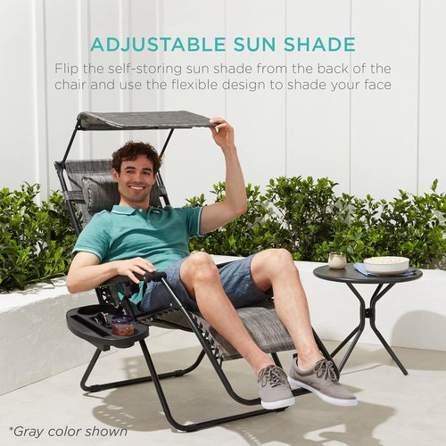 Best Choice Products Folding Zero Gravity Recliner Chair - Adjustable Canopy Shade, Headrest & Accessory Tray - Beige