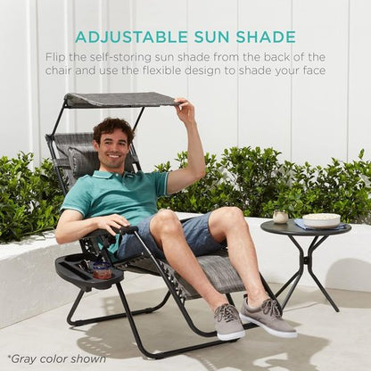 Best Choice Products Folding Zero Gravity Recliner Chair - Adjustable Canopy Shade, Headrest & Accessory Tray - Beige