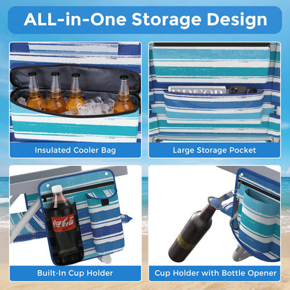 5-Position Backpack Beach Chair for Adults with Lumbar, Foldable Tall Heavy-Duty Beach Chairs with Cooler Bag,Cup Holder,Towel Rack for Beach, Camping, Outdoor (2, Blue&White)