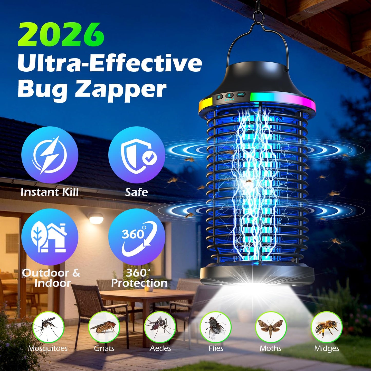 Rechargeable Bug Zapper Outdoor, 4200V Powerful Electric Mosquito Zapper 5-in-1 Portable & Wireless Bug Zapper Outdoor Cordless with 5000mAh Battery, Outdoor Waterproof Fly Zapper for Patio Camping