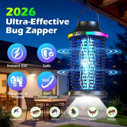 Rechargeable Bug Zapper Outdoor, 4200V Powerful Electric Mosquito Zapper 5-in-1 Portable & Wireless Bug Zapper Outdoor Cordless with 5000mAh Battery, Outdoor Waterproof Fly Zapper for Patio Camping