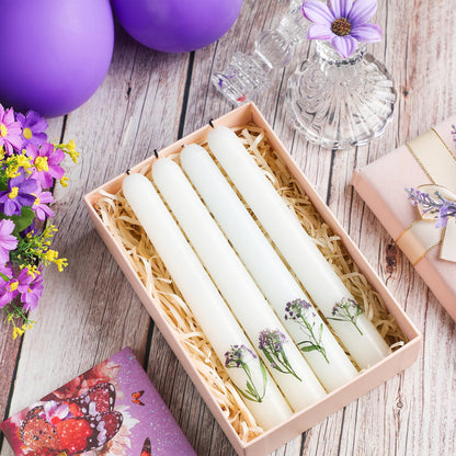 Threlaco 4 Pcs Flower Taper Candles Real Dried Pressed Purple Tapered Plants Candlesticks Unscented 7.8 Inch White Pastel Taper Candles for Baptismal Wedding Bridal Shower Party(4 Pcs,Dried Flower)