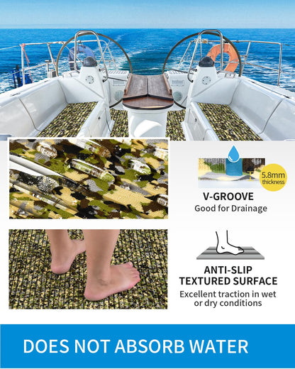 OCEANBROAD Self-Adhesive 96''x47'' Camouflage Boat Flooring Strip Cut Grooves EVA Foam Sheet Non-Slip Traction Pad for Boats Decking Surfboard SUP Paddle Board Kayak, Camo Green